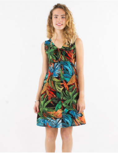 Short flared dress with buttons printed baba cool foliage black