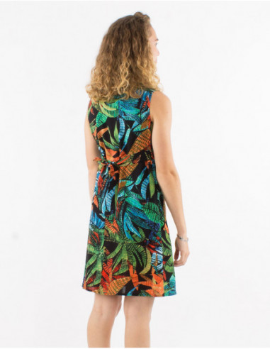 Short baba cool sleeveless dress with black bohemian leaf print