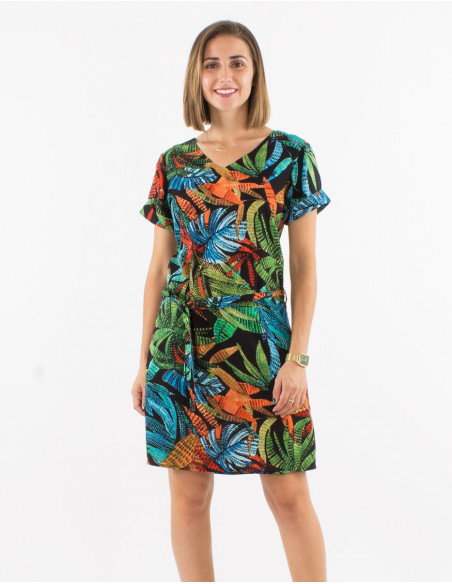Basic short dress for women with boho leaf print
