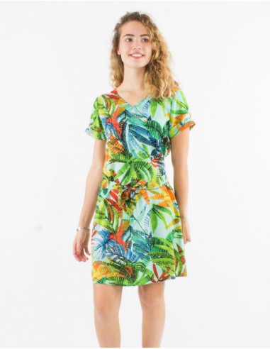 Basic short dress for women with boho leaf print