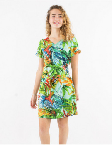 Petite robe basique à cintrer pour l'été à imprimé boho chic feuilles vert menthe