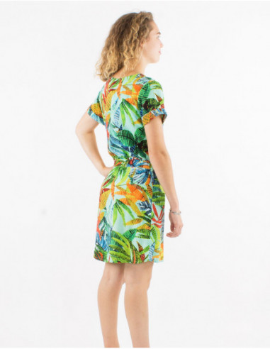 Short-sleeved cotton dress for summer with aniseed green foliage bohemian pattern