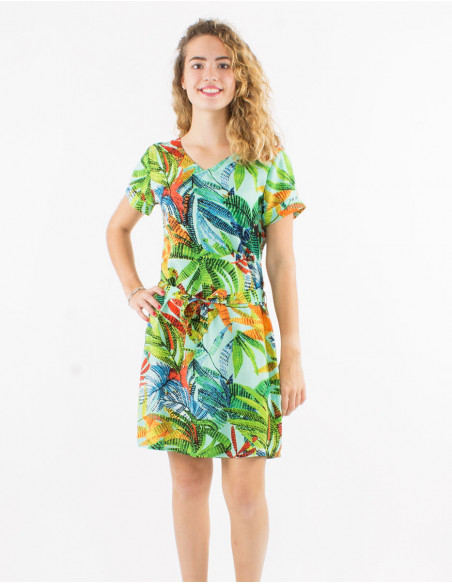 Basic short dress for women with boho leaf print anise green