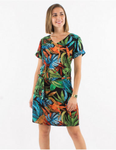 Little basic dress for summer with boho chic black leaves print