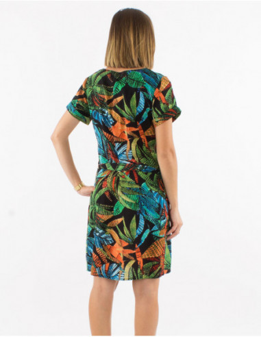 Short-sleeved cotton dress for summer with black foliage bohemian pattern
