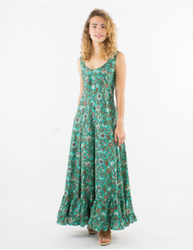 Robe longue bohème à volants pour le printemps à imprimé bouquet fleuri vert menthe