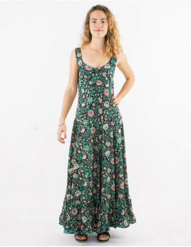 Bohemian ruffled long dress for spring with black flower bouquet print