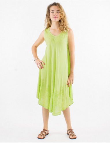 Lightweight cotton beach dress with ethnic stitching in plain anise green