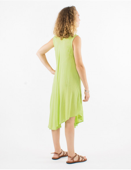 Plain cotton sheer mid-length beach dress in anise green with chic embroidery
