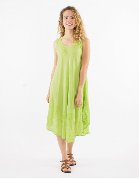 Lightweight sleeveless summer dress in anise green cotton with boho stitching