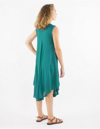 Basic emerald blue cotton sheer mid-length beach dress with chic embroidery