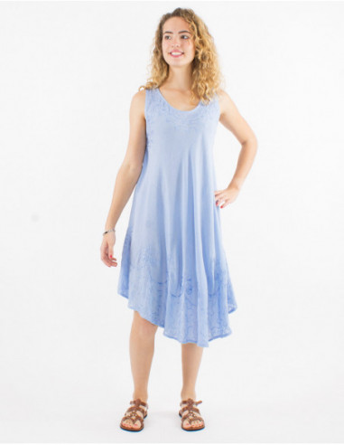 Robe mi longue sans manches pour l'été légère transparente unie en coton lavande avec surpiqûres boho