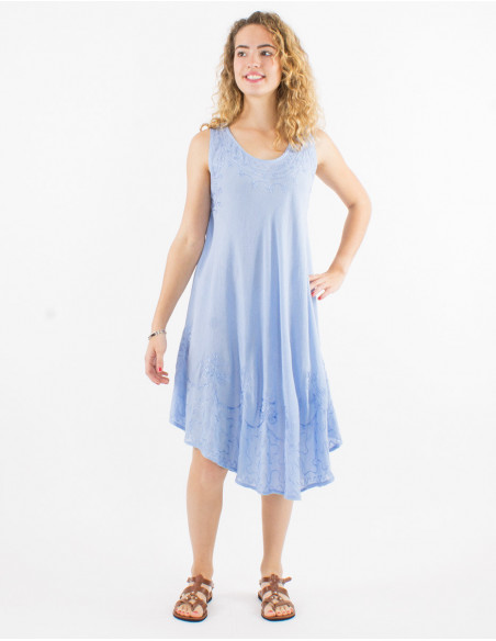 Robe mi longue sans manches pour l'été légère transparente unie en coton lavande avec surpiqûres boho