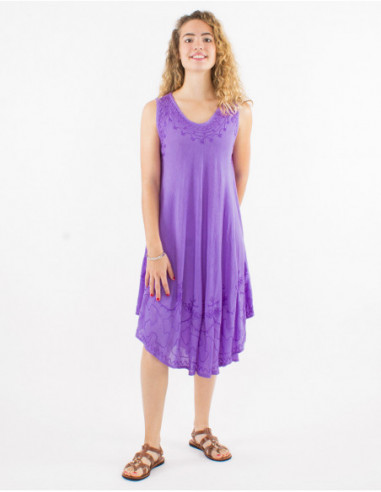 Lightweight cotton beach dress with ethnic stitching in solid purple