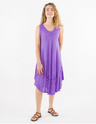 Robe de plage légère en coton avec surpiqures ethnique basique unie mauve