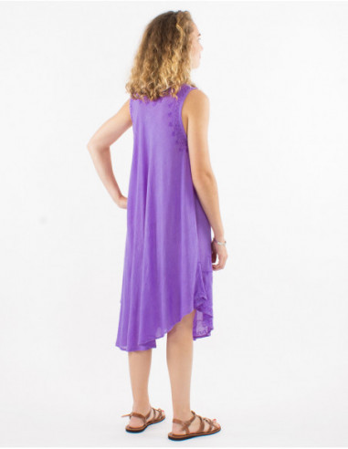 Basic cotton sheer mid-length dress in purple with chic embroidery