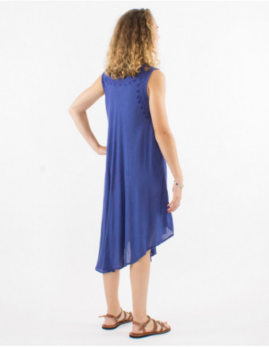 Mid-length sheer cotton beach dress in navy blue with chic embroidery