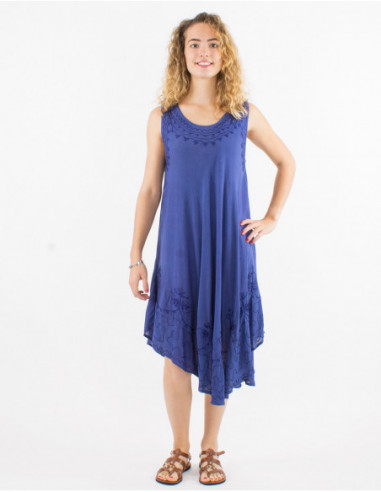 Lightweight sheer summer sleeveless dress in navy blue cotton with boho stitching