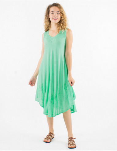 Robe de plage légère en coton avec surpiqures ethnique basique unie vert menthe