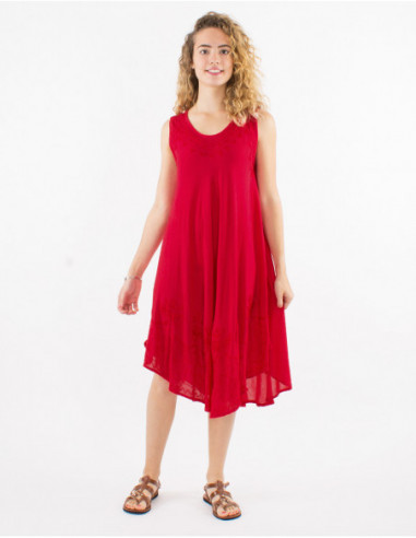 Robe de plage légère en coton avec surpiqures ethnique basique unie rouge