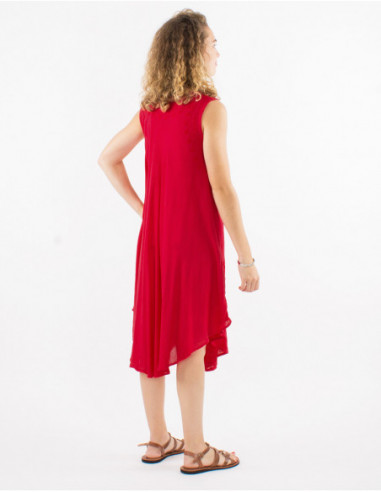 Basic red cotton sheer mid-length beach dress with chic embroidery