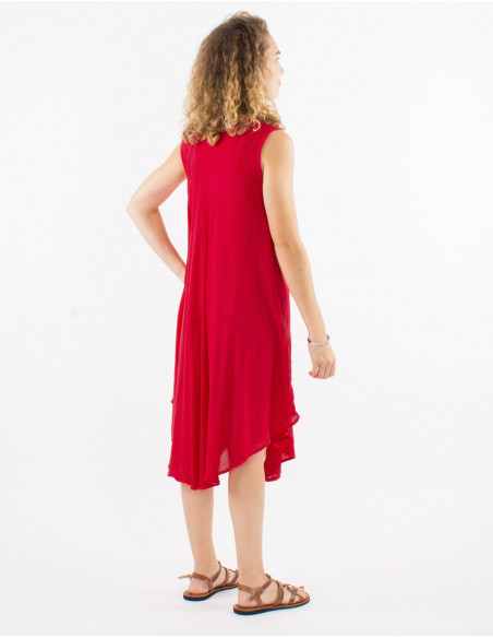 Robe mi longue de plage transparente en coton unie basique rouge avec broderies chic