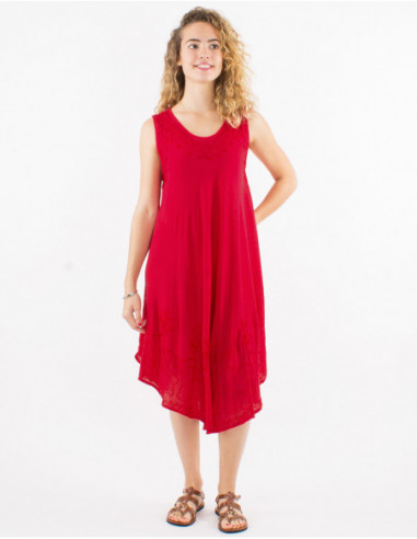 Robe mi longue sans manches pour l'été légère transparente unie en coton rouge avec surpiqûres boho