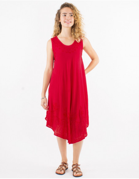 Robe mi longue sans manches pour l'été légère transparente unie en coton rouge avec surpiqûres boho