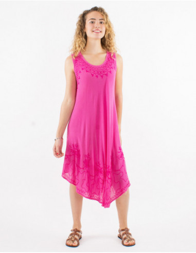 Robe de plage légère en coton avec surpiqures ethnique basique unie rose