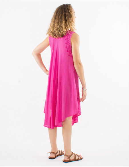Robe mi longue de plage transparente en coton unie basique rose avec broderies chic