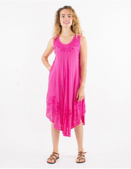 Lightweight sleeveless summer dress in pink cotton with boho stitching
