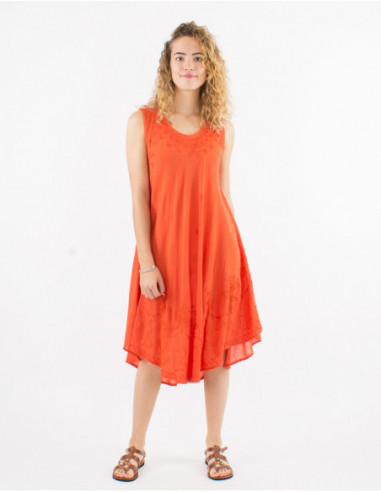 Lightweight cotton beach dress with ethnic stitching basic plain rust