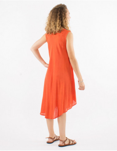 Mid-length sheer cotton beach dress in basic rust orange with chic embroidery