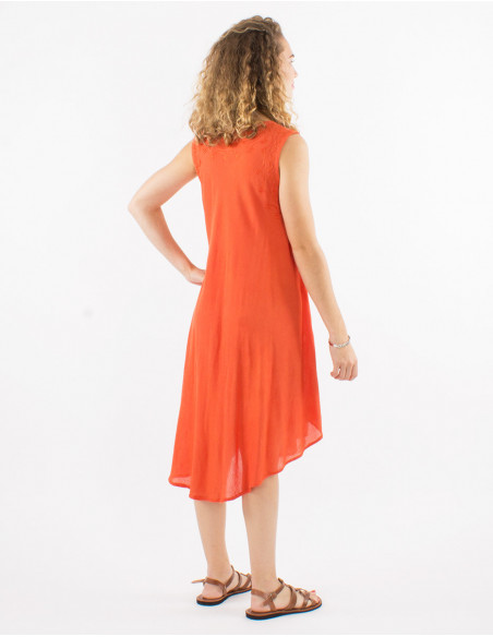 Robe mi longue de plage transparente en coton unie basique orange rouille avec broderies chic