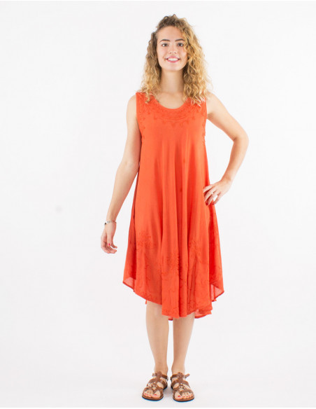 Robe mi longue sans manches pour l'été légère transparente unie en coton rouille avec surpiqûres boho