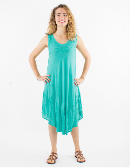 Robe de plage légère en coton avec surpiqures ethnique basique unie bleu turquoise