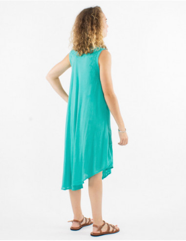 Mid-length sheer cotton beach dress in basic turquoise blue with chic embroidery