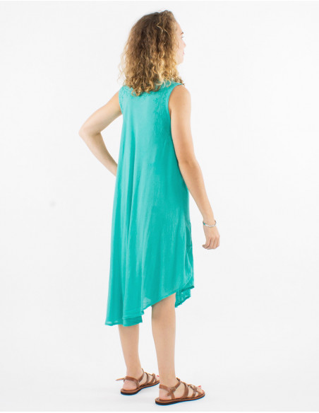 Robe mi longue de plage transparente en coton unie basique bleu turquoise avec broderies chic