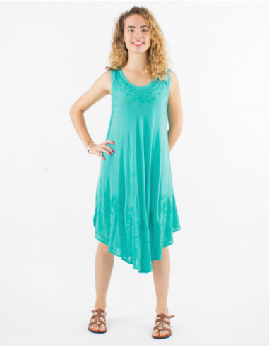 Robe mi longue sans manches pour l'été légère transparente unie en coton bleu turquoise avec surpiqûres boho