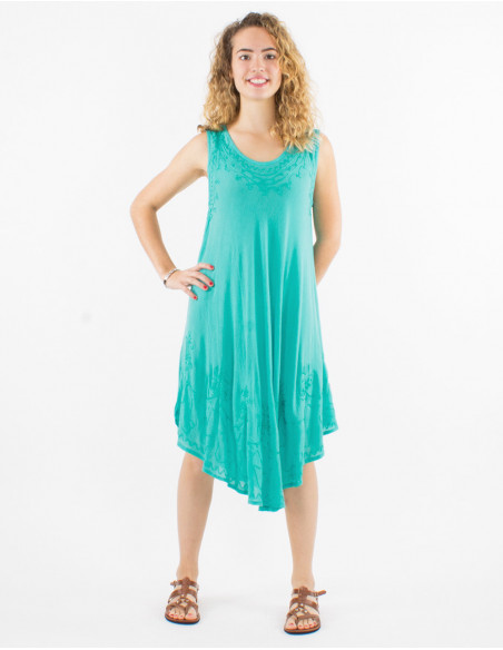 Lightweight sleeveless summer dress in turquoise blue cotton with boho stitching