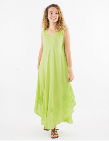 Robe longue de plage fluide en coton avec surpiqures baba cool basique unie vert anis