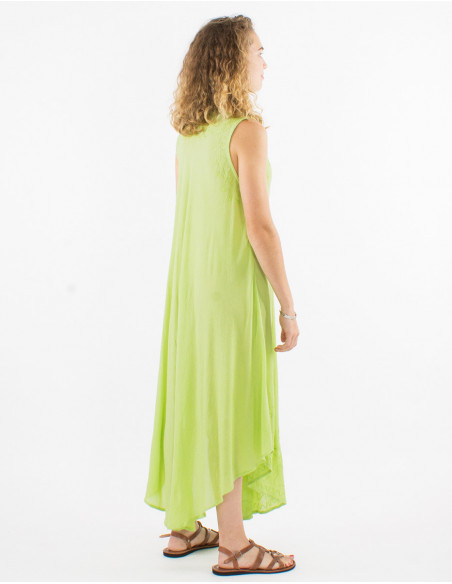 Robe longue de plage transparente en coton unie basique vert anis avec broderies ethniques