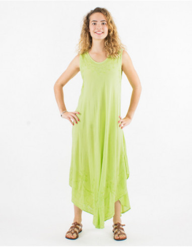 Sleeveless summer maxi dress in plain green cotton with baba cool stitching