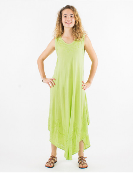 Sleeveless summer maxi dress in plain green cotton with baba cool stitching