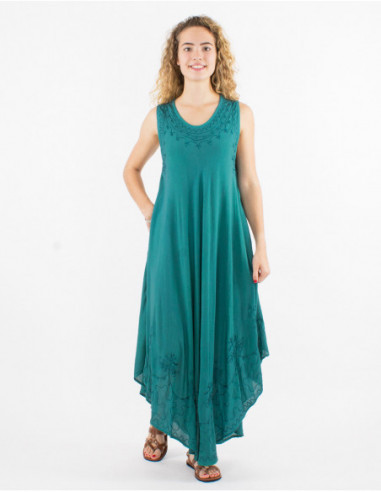 Long flowing cotton beach dress with basic baba cool stitching in emerald blue