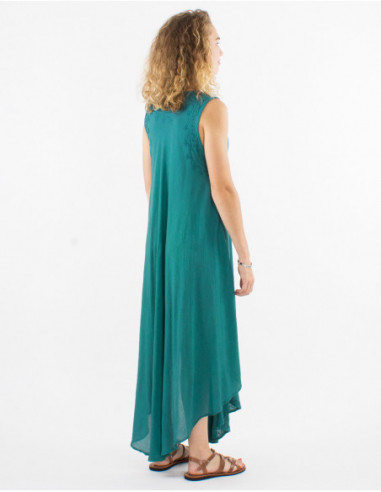 Basic cotton sheer emerald blue long beach dress with ethnic embroidery