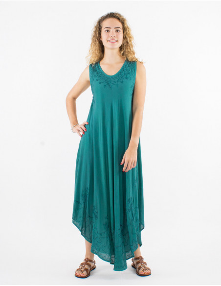 Sleeveless summer maxi dress in solid emerald blue cotton with baba cool stitching