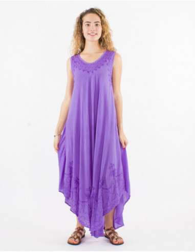 Robe longue de plage fluide en coton avec surpiqures baba cool basique unie mauve