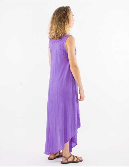 Basic cotton sheer long dress in purple with ethnic embroidery