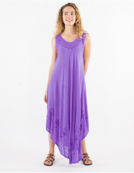 Robe longue sans manches pour l'été fluide transparente unie en coton violet mauve avec surpiqûres baba cool